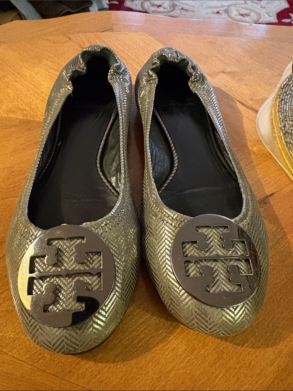 Tory Burch Metallic Olive Logo Ballet Flats